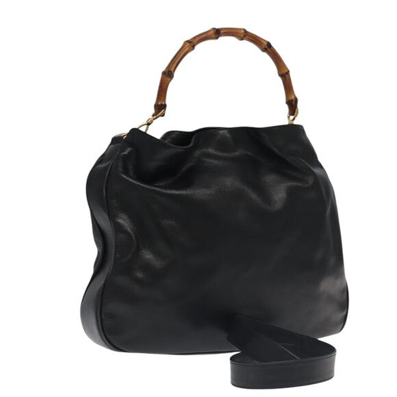 GUCCI Bamboo Hand Bag Leather Black Gold 001 1781 001 1781 - Picture 1 of 16